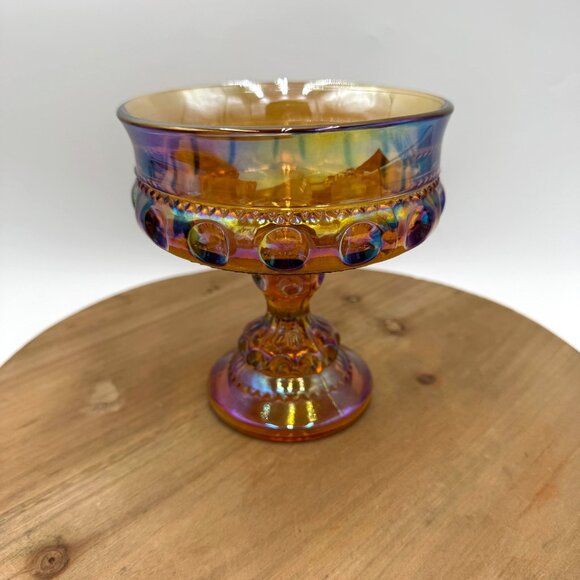 Indiana Carnival Glass Kings Crown Thumbprint Amber Compote Pedestal Candy Dish - Picture 1 of 9
